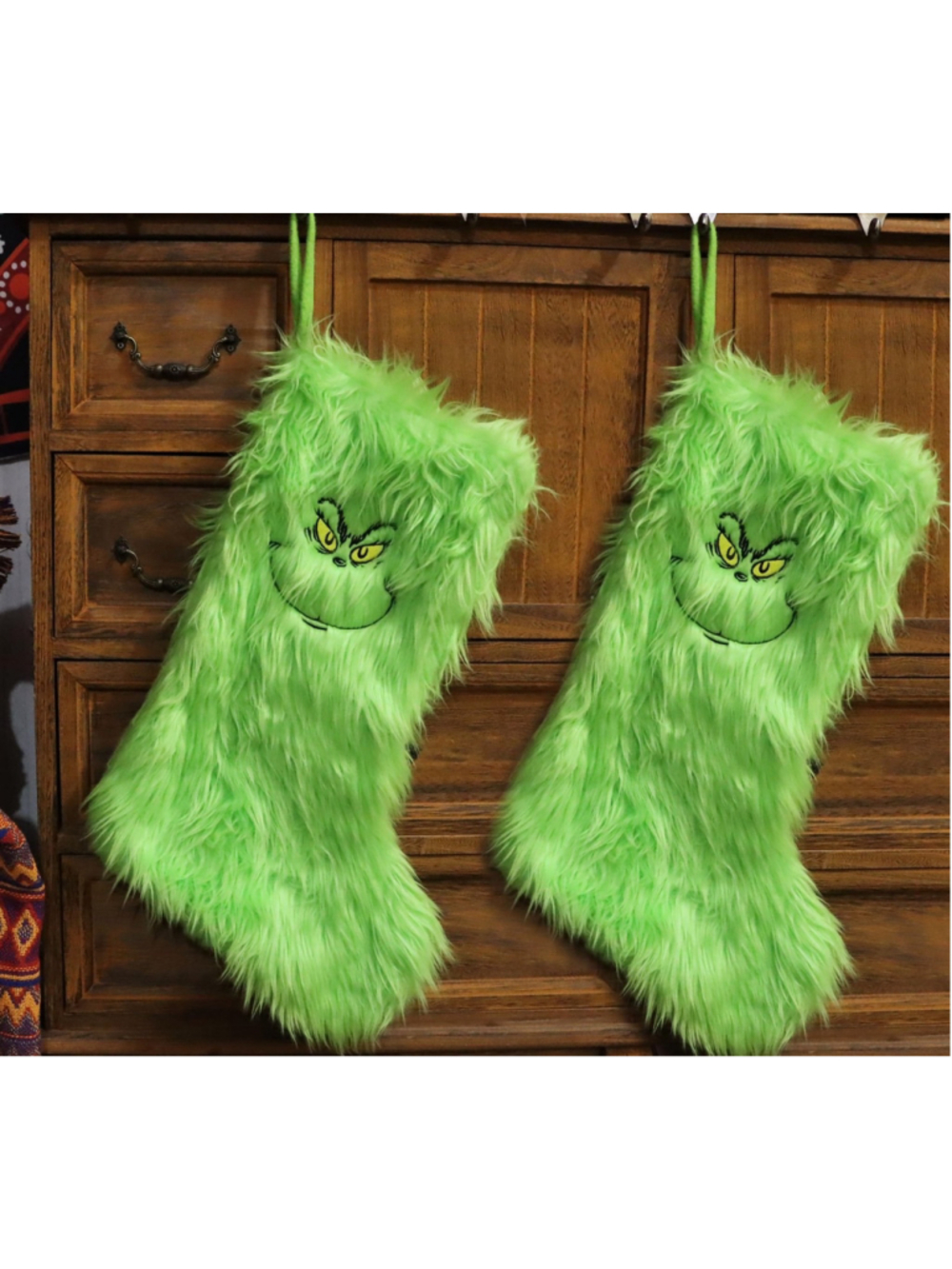 2 Grinch Christmas Stockings Faux Fur Plush Holiday Decor NEW